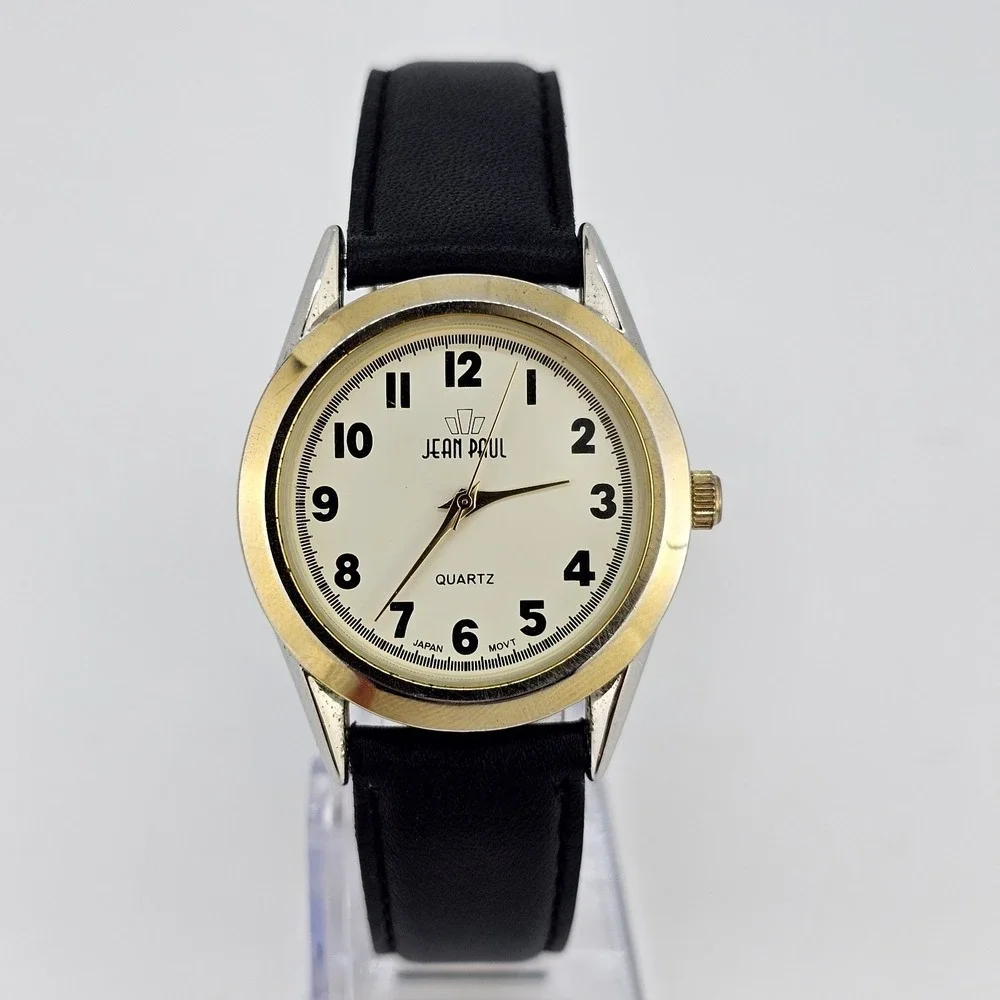 34MM Women Watch Mineral Crystal Cream Dial NEW Black Leather Bands NEW Battery‎